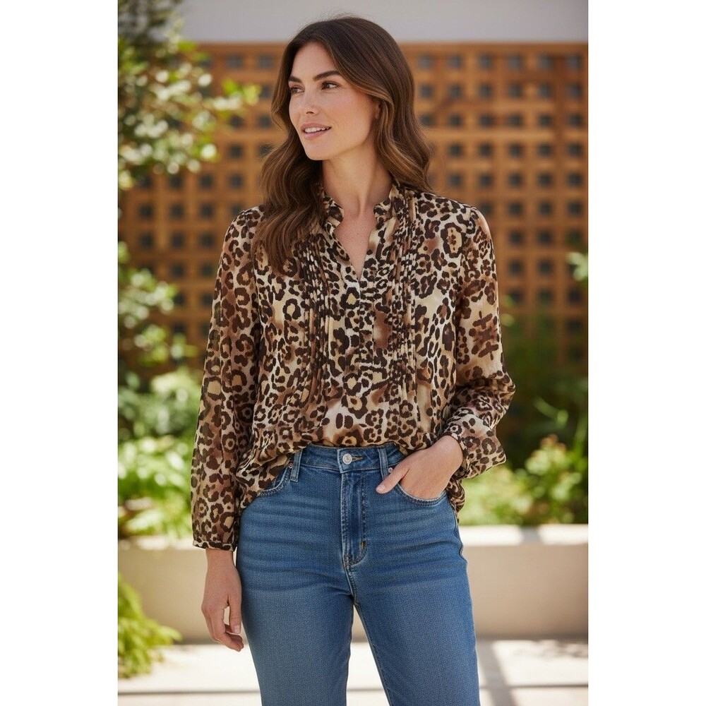 Coldwater Creek Women's Blouse Sz S Leopard Print Mock Neck Chiffon Double Layer